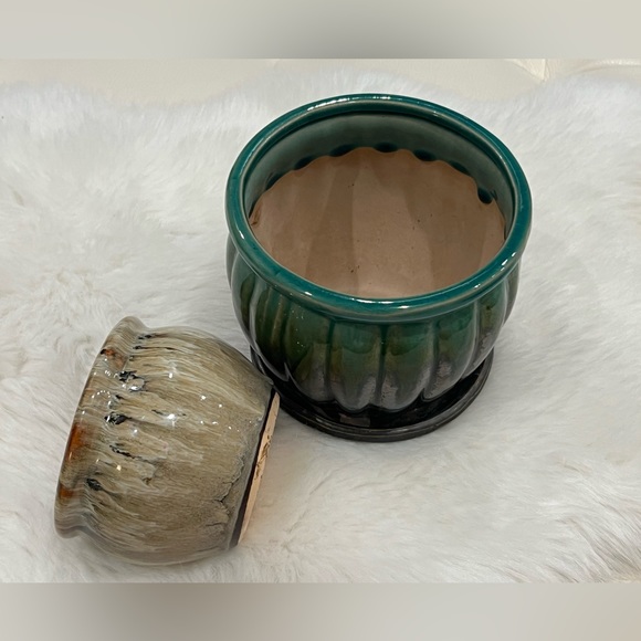 Bundle of 2 Glazed Flower Pots Planters ~ One w/Flower Frog Kenzan/ Ikebana - Picture 2 of 16